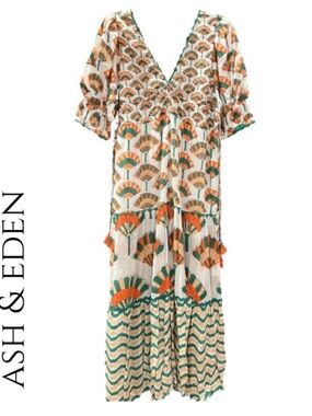 Ash & Eden Cream Maxi Dress with Green and Orange Fan Motif